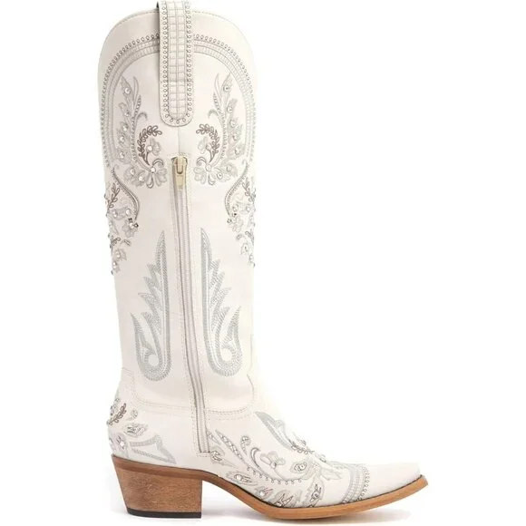 Women's Cream Leather Embroidered Rhinestones Pointed Toe Western Cowgirl Boots - Picture 3 of 7